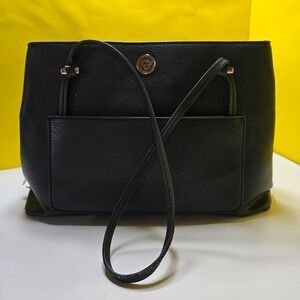Anne Klein Black Pebbled Tote Bag Triple Compartment Gold Hardware Shoulder Bag